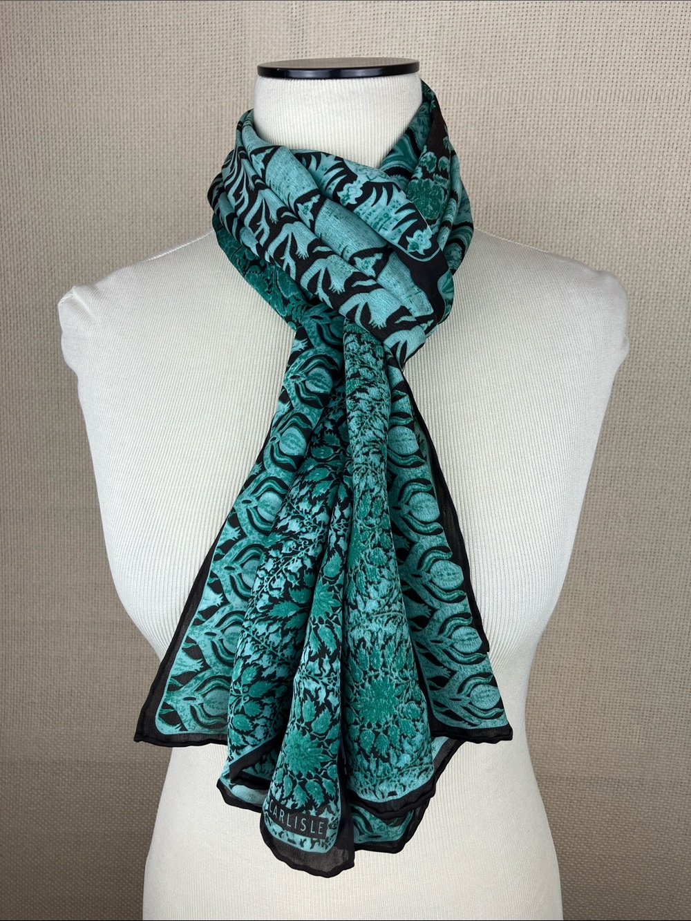 CARLISLE 100% Silk Long Scarf Shawl Green Floral Print - Picture 2 of 16